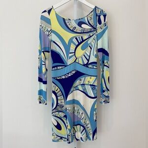 EMILIO PUCCI BLUE MULTI DRESS LONG SLEEVE DRESS MODEL 51RG01 SIZE IT 42 / US 8